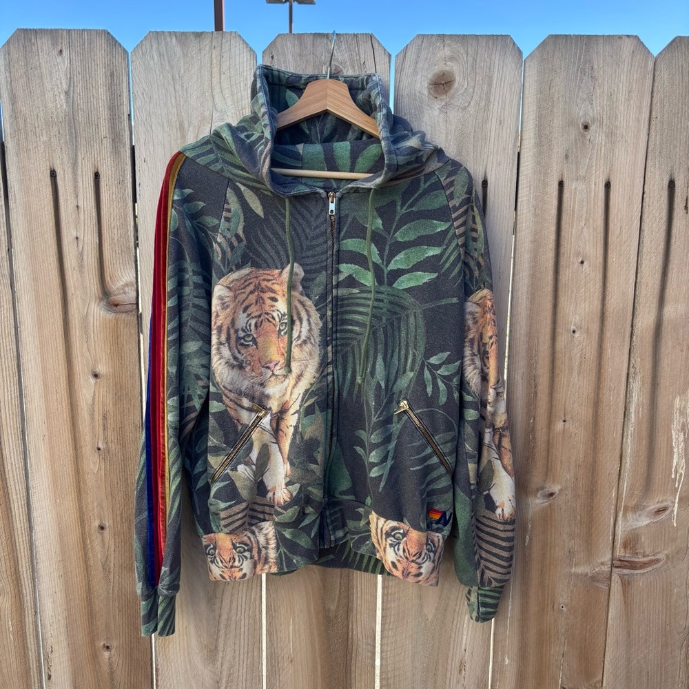 Rare Sold Out Aviator Nation Jungle Tiger Zip Up Hoodie Velvet Stripe Size M